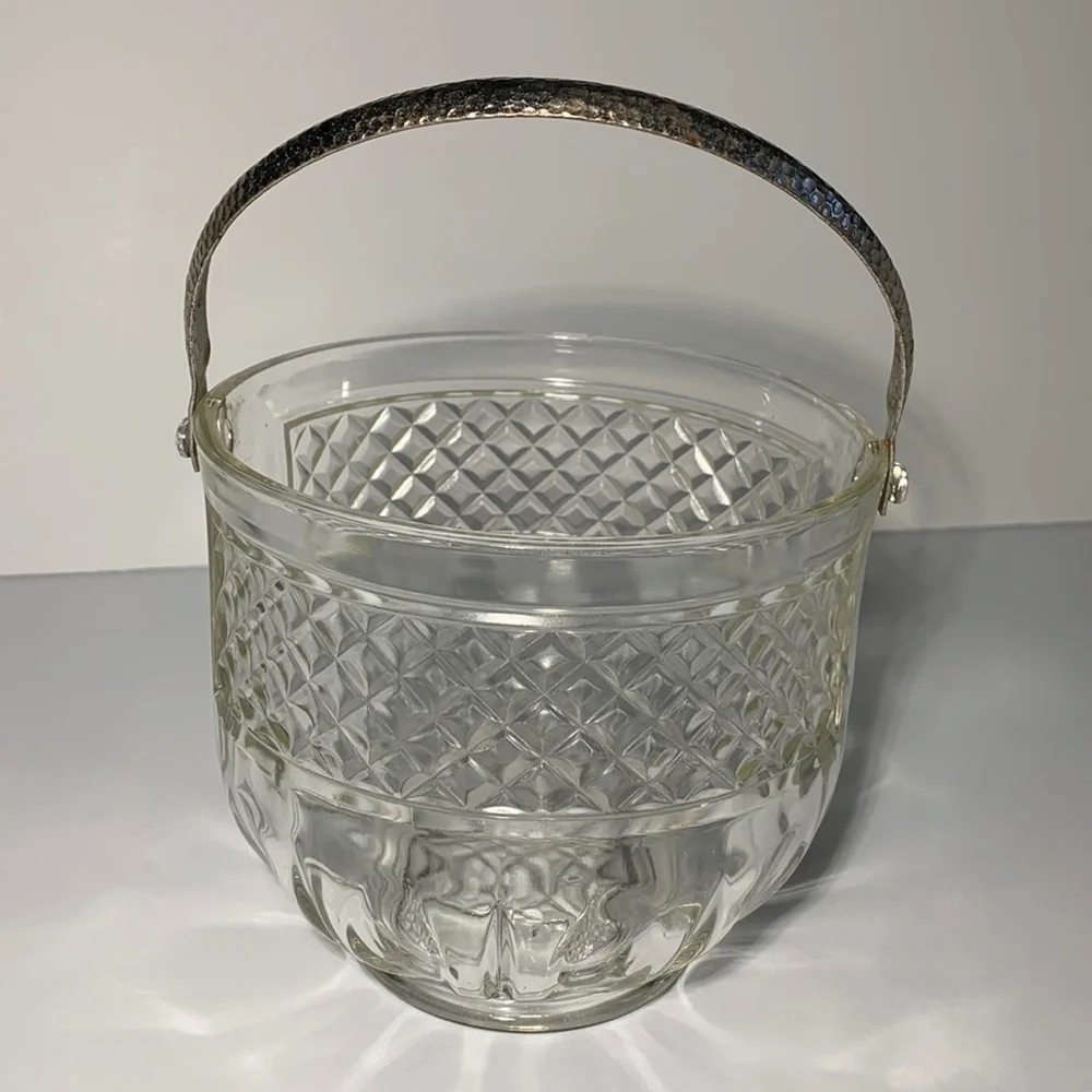VTG MCM Ice Bucket Barware Pressed Glass Hammered AluminumHandle Diamond Pattern
